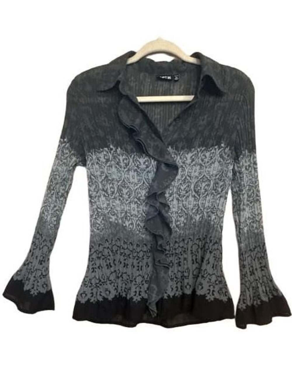 Whimsigoth Apt. 9 Blouse Size PM Grey Black Ruffle Crinkle Long Sleeve